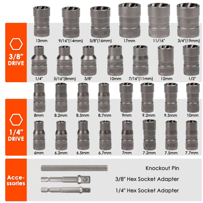 THINKWORK Bolt Extractor Kit  32-Piece Nut Extractor Socket Set  1/4"" & 3/8"" Drive Rounded Bolt Remover  Lug Nut Removal Tool for Damaged  Rusted  Rounded-Off  Stripped Fasteners - Image 4